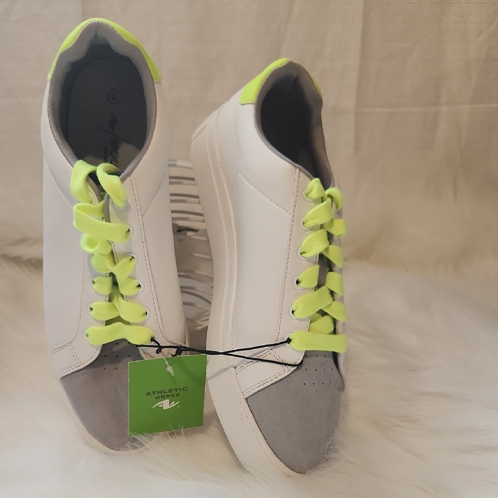 Women's White and Gray Sneakers with Neon Accents. Size 8.